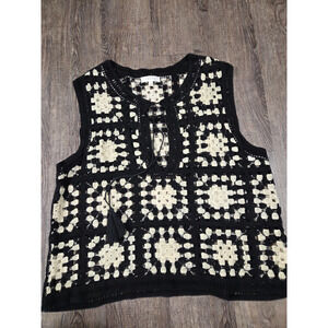 Adiva Black Cream Crochet Top Vest Blouse Sleeveless Size Large